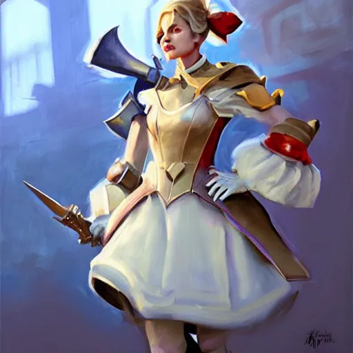 Image similar to greg manchess portrait painting of partially armored alice from alice in wonderland as overwatch character, medium shot, asymmetrical, profile picture, organic painting, sunny day, matte painting, bold shapes, hard edges, street art, trending on artstation, by huang guangjian, gil elvgren, ruan jia, randy vargas, greg rutkowski