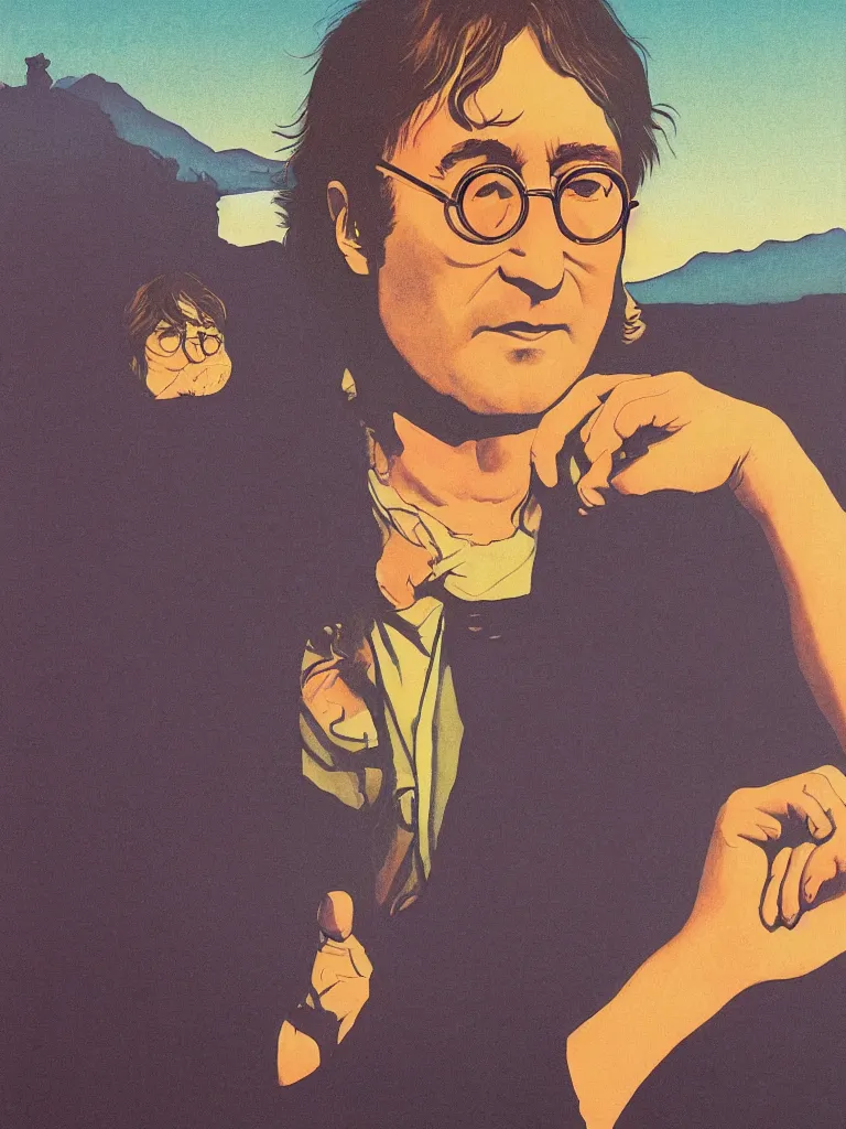 Image similar to a closeup portrait of john lennon, taking mind altering drugs, a blotter paper of lsd acid and dreaming psychedelic hallucinations in a vast landscape, by kawase hasui, moebius, edward hopper, colorful flat surreal design, dramatic lighting, hd, 8 k, artstation