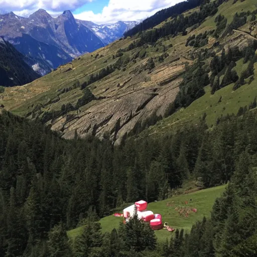 Prompt: i giant piece of swiss cheese in a beautiful mountainous landscape