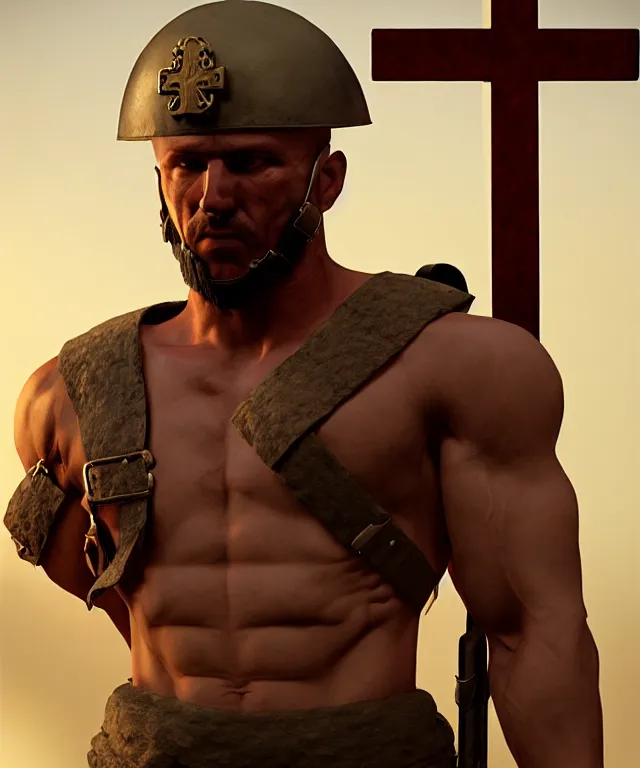 Prompt: muscular roman soldier with a white cross in the chest by simon bisley, dale keown and greg rutkowski, vivid color scheme, unreal engine 5