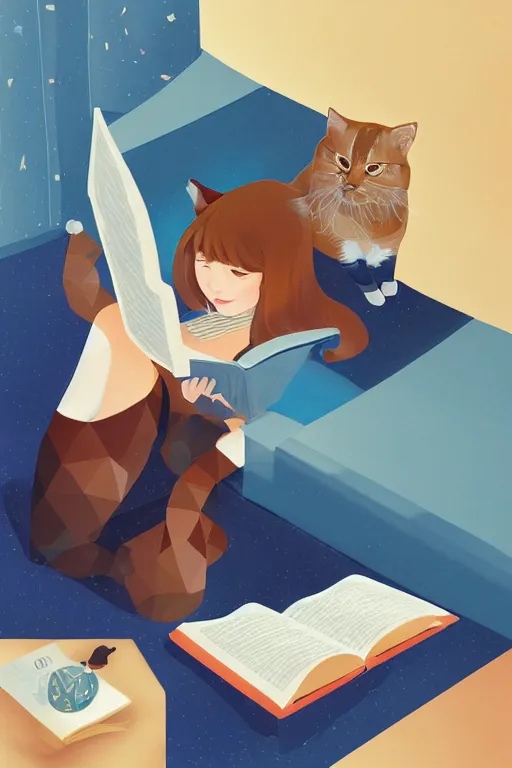 Image similar to a digital painting of a girl reading a book with a cat in A comfortable study room at night,JK uniform ,Hairdryer,blue theme,geometric shapes,S line,hard edges, by krenz cushart and liduke