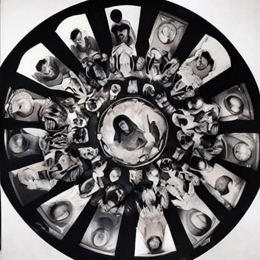 Prompt: A beautiful body art of a group of people standing around a circular table. In the center of the table is a large, open book. The people in the body art are looking at the book with interest and appear to be discussing its contents. obsidian by Edward Steichen, by Scott Listfield neat