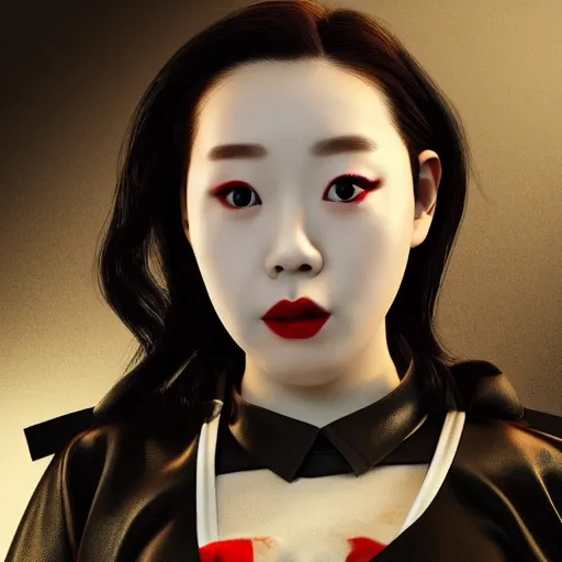 Image similar to photo of Chuu Kim Ji-woo from LOONA dressed as Negan, mischievous look with her barbed baseball bat Lucille, in the style of George Hurrell, white fog, octane render