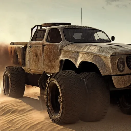 Image similar to a mad max truck with gatling guns on the side, au naturel, hyper detailed, digital art, trending in artstation, cinematic lighting, studio quality, smooth render, unreal engine 5 rendered, octane rendered, art style by klimt and nixeu and ian sprigger and wlop and krenz cushart