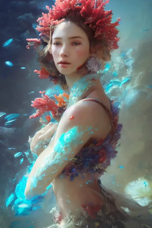 Prompt: face closeup of beautiful girl covered with coral reef and ice, 3 d render, hyper realistic detailed portrait, holding magic flowers, ruan jia, wlop. scifi, fantasy, hyper detailed, octane render, concept art, by peter mohrbacher, by wlop, by ruan jia