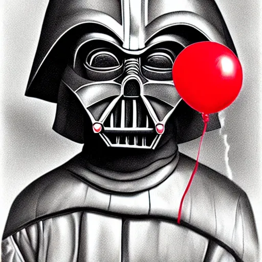 Prompt: surrealism grunge cartoon portrait sketch of darth vader with a wide smile and a red balloon by - michael karcz, loony toons style, chucky style, horror theme, detailed, elegant, intricate