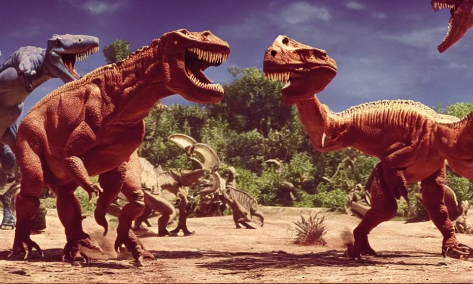Prompt: 35mm film still, gladiator fighting dinosaurs in the future, vibrant