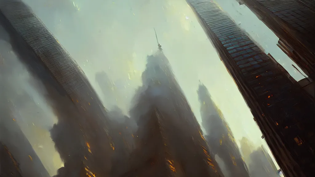 Prompt: sky scraper, low angle, cinematic, golden hour, by greg rutkowski, artstation, hd, mist