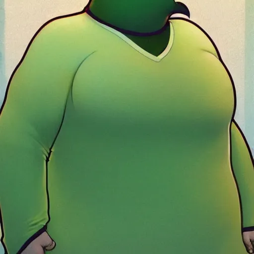 Image similar to masculine slightly overweight chonky pigeon in a green onepiece body suit, by Range Murata and Mucha