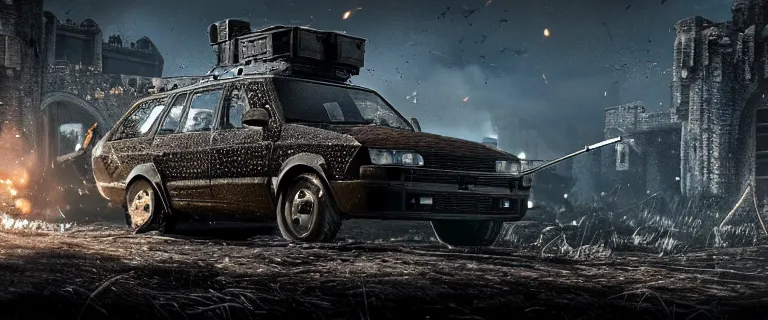 Image similar to Armored and Armed Military Audi 80 B3 Avant (1988) with a mounted M249 with soldiers on, Dark Souls 3, Eldritch Horrors, Wretched and Corrupted Knights, Battle, Fight, gunshots fired, a grim fantasy, Anor Londo, dramatic lighting, cinematic, establishing shot, extremely high detail, photorealistic, cinematic lighting, artstation, by simon stalenhag