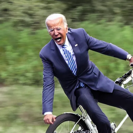 Image similar to ultra realistic photo of joe biden falling off of his bike, film, perfect face, in the style of a candid photo