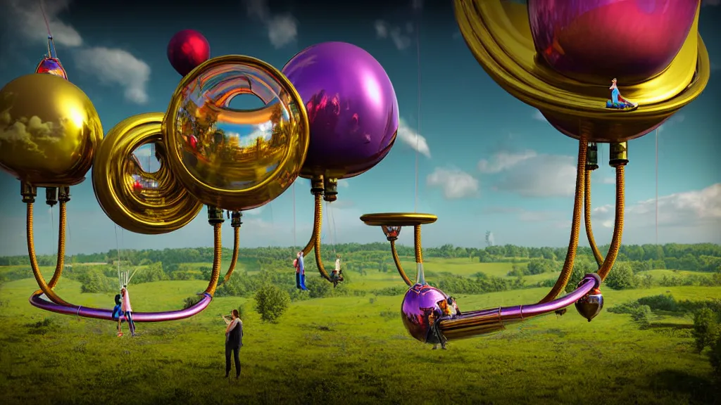 Image similar to large colorful futuristic space age metallic steampunk balloons with pipework and electrical wiring around the outside, and people on rope swings underneath, flying high over the beautiful countryside landscape, professional photography, 8 0 mm telephoto lens, realistic, detailed, digital art, unreal engine
