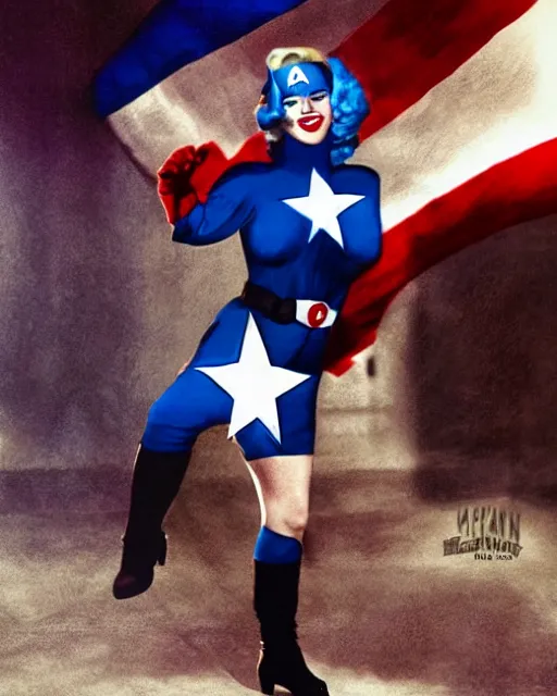 Prompt: Modern color photograph of Marilyn Monroe as Captain America, photorealistic