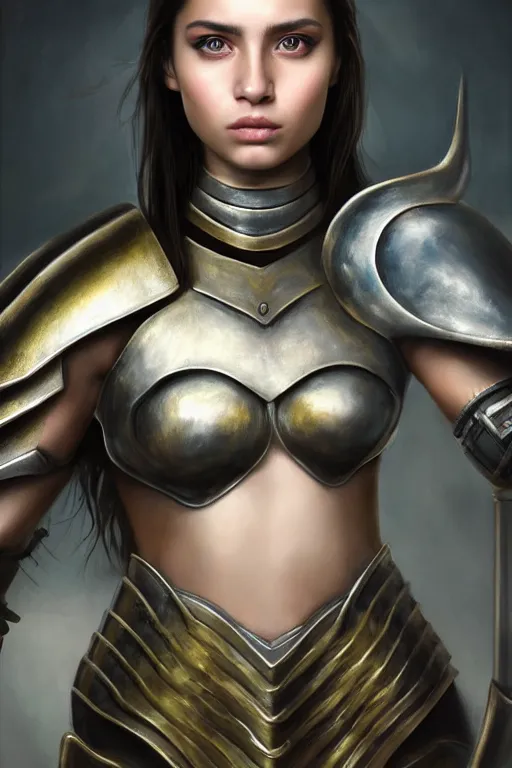 Image similar to a photorealistically painted portrait of an attractive young girl, partially clothed in metal-plated battle armor, with an abstractly painted background, flawless olive skin, fair complexion, long dark hair, beautiful bone structure, perfectly symmetric facial features, perfect photorealistic eyes, natural physique, intricate, elegant, digital painting, concept art, finely detailed, beautifully illustrated, sharp focus, minimal artifacts, volumetric lighting, from DOOM and Halo, by Ruan Jia and Mandy Jurgens and Artgerm and William-Adolphe Bouguerea, in the style of Greg Rutkowski, trending on Artstation, award winning art