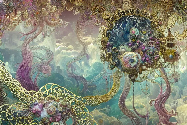 Image similar to a huge flock of many ornate intricate puffy filigreed clouds tangled into large whirling ultra detailed crystal specimens, art nouveau jungle environment, playful, award winning art, epic dreamlike fantasy landscape, ultra realistic,