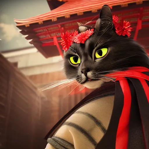 Prompt: a cat in samurai clothing, looking at the camera, anime style, epic, octane render, portrait, dynamic lighting, intricate detail, vibrant, hyperrealistic, cinematic