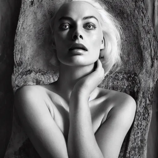 Image similar to photo of margot robbie, full platinum blond, bleached eyebrows, pale skin, freckle, by joel peter witkin, realistic, high detail, high quality, trending on pinteresst