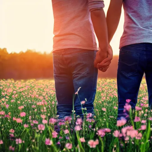 Image similar to a gay couple holding hands in a field of flowers at sunset, realistic, intricate, 4k