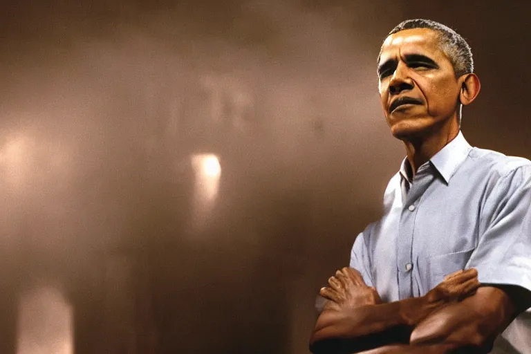 Prompt: a film still of Barack Obama in The Shawshank Redemption, dramatic lighting