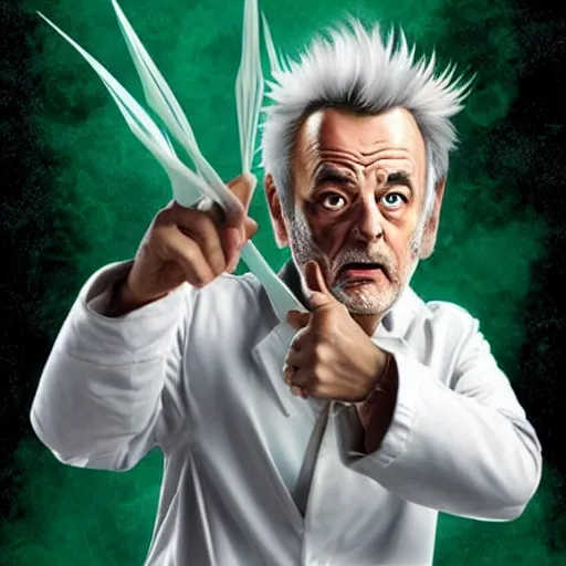 Image similar to !dream the roll of Rick Sanchez will be played by Bill Murray, spikey hair, white lab coat, photography