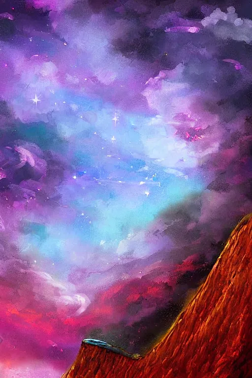 Prompt: digital painting beautiful cosmic sky cliff childs