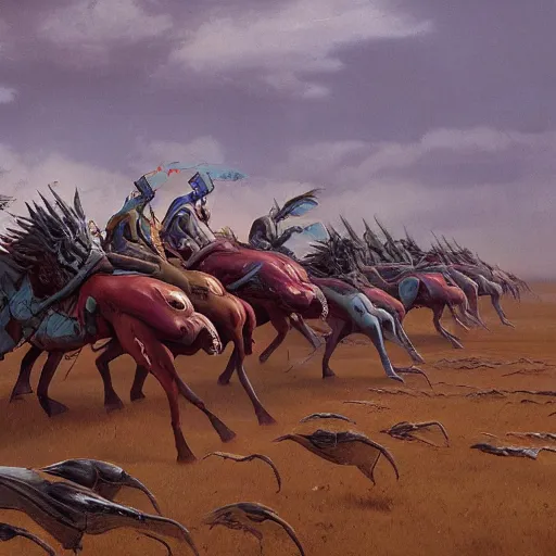 Image similar to carnivorous cyborg horses galloping across a blasted plain. c. leyendecker, simon stalenhag, studio ghibli, barlowe, audobon and beksinski