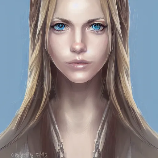 Prompt: portrait, 30 years old women :: fantasy :: blue eyes, long straight blonde hair :: attractive, symmetric face, friendly, smiling :: brown medieval cloting, natural materials :: high detail, digital art, RPG, concept art, illustration