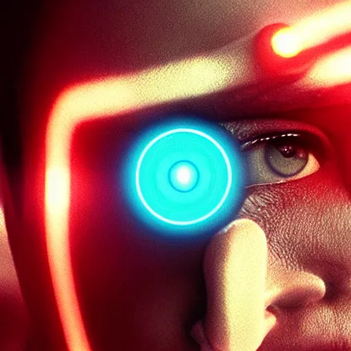 Image similar to movie still of cyborg with glowing third eye, cinematic composition, cinematic light, criterion collection, by squaresoft