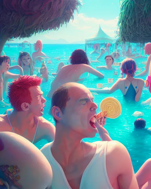 Prompt: highly detailed surreal vfx portrait of a ice cream pool party, stephen bliss, unreal engine, greg rutkowski, loish, rhads, beeple, makoto shinkai and lois van baarle, ilya kuvshinov, rossdraws, tom bagshaw, global illumination, detailed and intricate environment