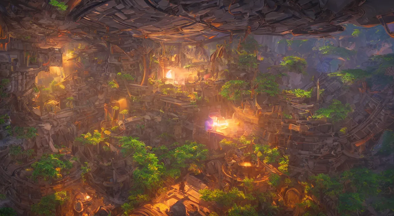 Image similar to open door wood wall fortress airship greeble block amazon jungle on portal unknow world ambiant fornite colorful radiating a glowing aura global illumination ray tracing hdr fanart arstation by sung choi and eric pfeiffer and gabriel garza and casper konefal