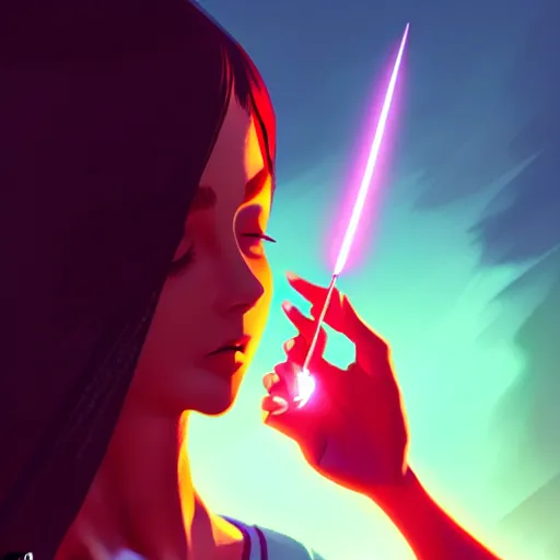 Image similar to a woman holding a magic wand casting a spell, concept art by Ilya Kuvshinov, contest winner, fantasy art, official art, concept art, high detail, experimental, high quality, hyperrealistic, 4k