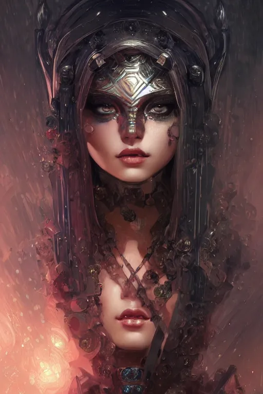 Image similar to portrait evilly knights of Zodiac girl smoky eyes, black fire color reflected armor, in ruined Agora of Athens rainy night, ssci-fi and fantasy, intricate and very very beautiful and elegant, highly detailed, digital painting, artstation, concept art, smooth and sharp focus, illustration, art by tian zi and WLOP and alphonse mucha