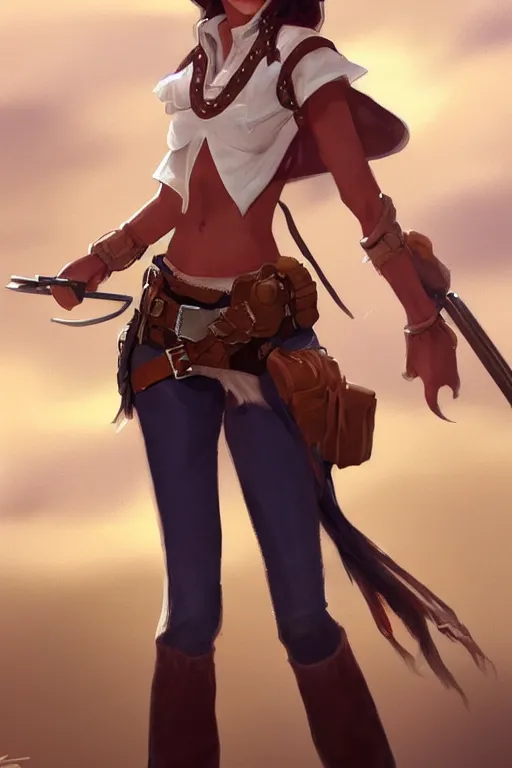 Prompt: full body, female cowgirl, perfect face, white blouse, long rifle, 8 k, magic the gathering, desert, d & d, artstation