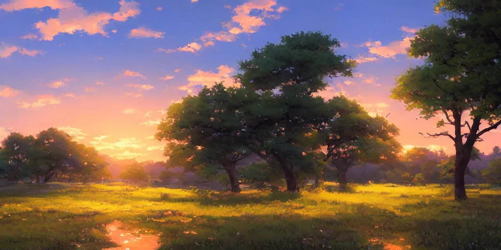 Image similar to an extraordinarily beautiful oil painting of a landscape in spring during sunset ; the most beautiful painting in the world ; by makoto shinkai