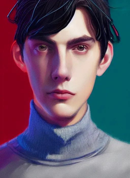 Image similar to portrait of teenage jughead jones wearing a light grey crown, crown, blue turtleneck, closed eyes, photorealistic, black hair, glowing lighting, intricate, elegant, glowing lights, highly detailed, digital painting, artstation, concept art, smooth, sharp focus, illustration, art by wlop, mars ravelo and greg rutkowski