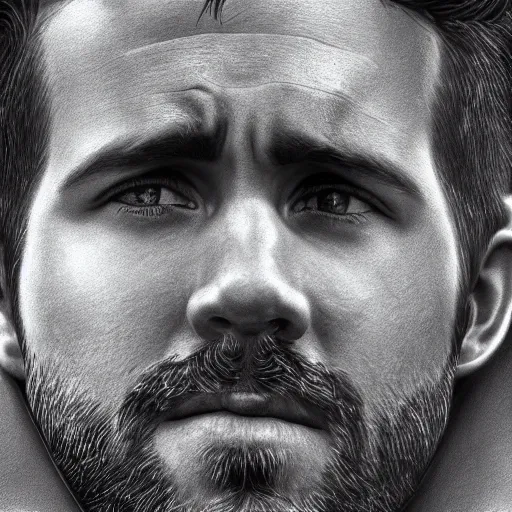 Prompt: photorealistic up close hand drawing of ryan reynolds face, oil painting, photorealism, photorealistic, hand drawn, black and white, hyper detailed, ultra detailed, detailed, realism, realistic, 8 k, upclose, up - close