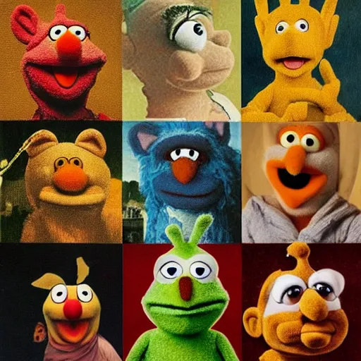Image similar to painting of muppets and teletubbies and furbies, in the style of hieronymus bosch and johannes vermeer