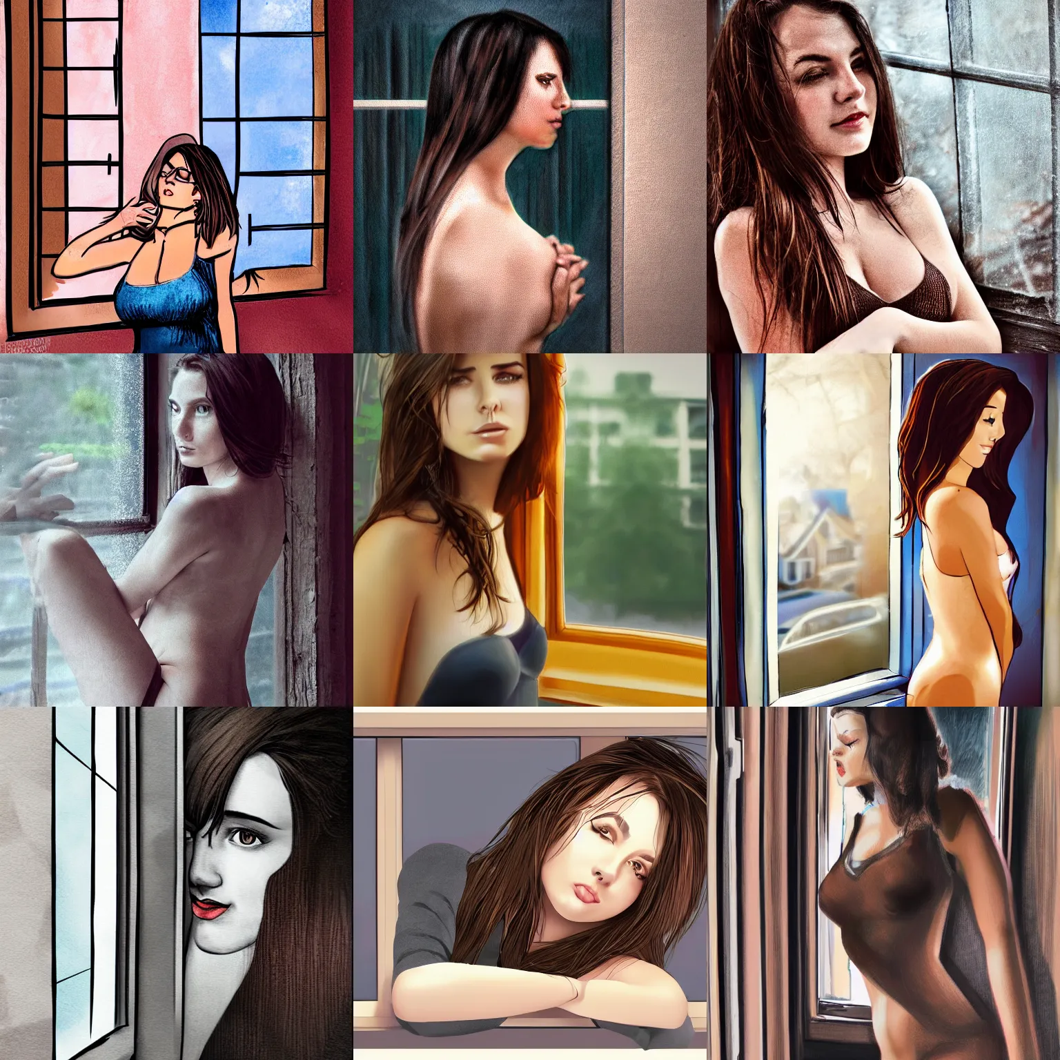 Prompt: sexy girl with dark brown hair, leaning against the window, digital art