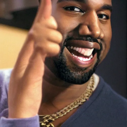 Image similar to Kanye West smiling and giving a thumbs up for a 1990s sitcom tv show, Studio Photograph, portrait C 12.0