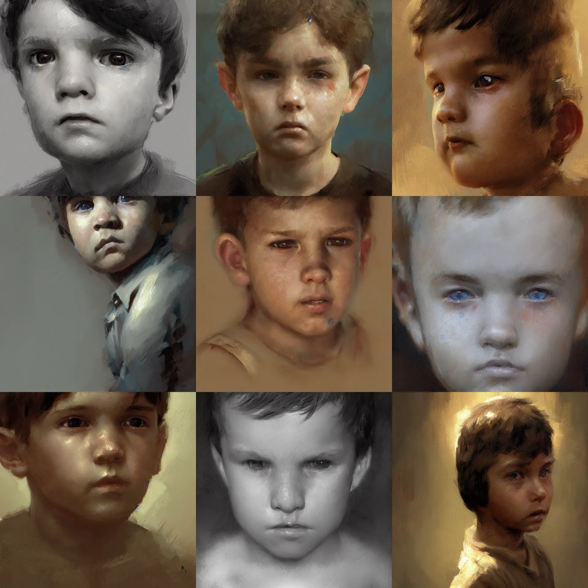 Prompt: digital art painting of a young boy looking back painted by craig mullins and gaston bussiere and greg rutkowski, symmetrical facial features, symmetrical face, defined facial features, dramatic lighting, close up