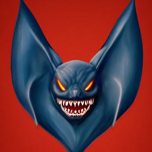 Image similar to detailed full body of scary giant mutant dark blue humanoid anthropomorphic bat, glowing red eyes flying above a stormy ocean, sharp teeth, acid leaking from mouth, realistic, giant, bat ears, bat nose, bat claws, bat wings, furred, covered in soft fur, detailed, 85mm f/1.4