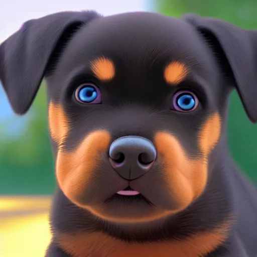 Image similar to cute rottweiler puppy, pixar, 8 k, octane render, still from pixar movie