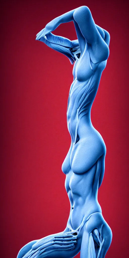Image similar to poster design, full body anatomical model, 3 d photographic render of a deconstructed asymmetric human anatomical correct human body, in hoc signo vinces, waterfall, in the style of leonora carrington, gottfried helnwein, intricate composition, blue light by caravaggio, insanely quality, highly detailed, masterpiece, red light, artstation