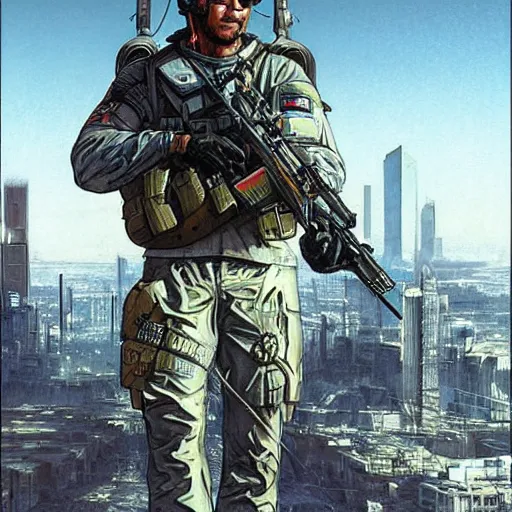 Prompt: Arthur. USN special forces futuristic recon operator, cyberpunk headset, on patrol in the Australian autonomous zone, deserted city skyline. 2087. Concept art by James Gurney and Alphonso Mucha