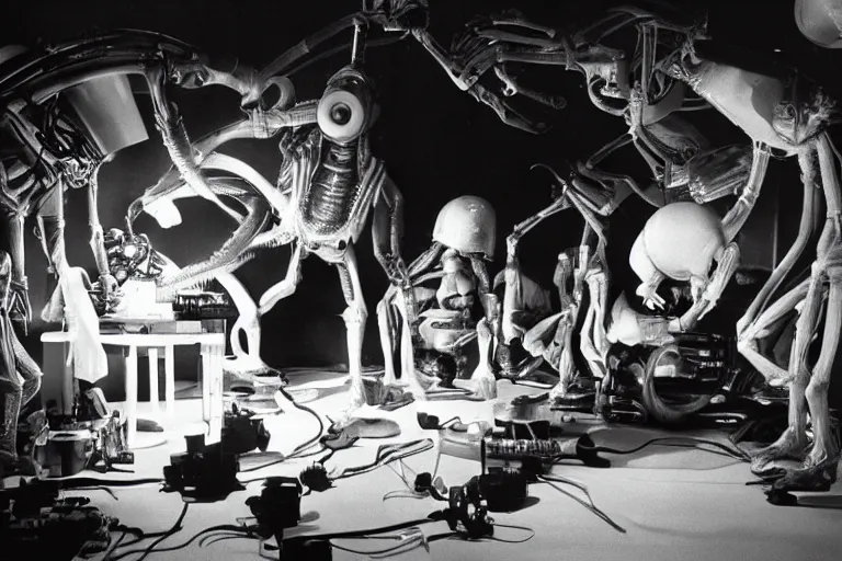 Image similar to close-up of a futuristic film studio with Alien technicians preparing a scene with frightened human beings by Stanley kubrick, sci-fi, color vibe, reimagined by industrial light and magic