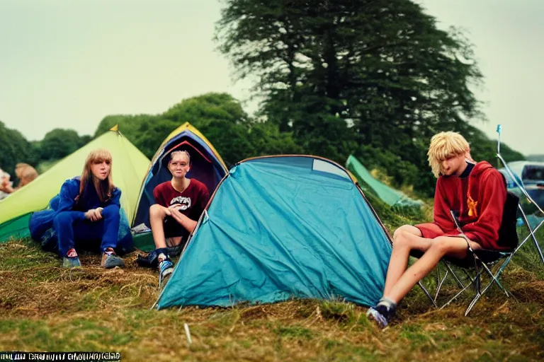 Prompt: candid photo of 3 teenagers camping at Glastonbury, UK, Kodak Portra 200,8K,highly detailed: beautiful perspective closeup environmental portrait photo in style of 2000s retrofuturism, cinema lighting , by beksinski, photography fashion edition, tilt shift, highly detailed, focus on man ;blonde hair;blue eyes, clear eyes, soft lighting