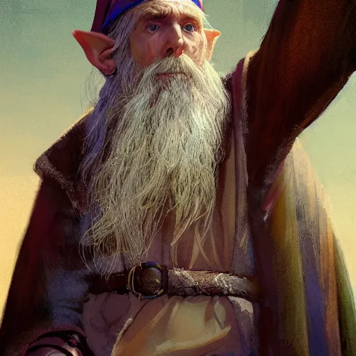 Image similar to A middle aged elf, brown hair and a raised hand, long beard, blue robes with runic symbols, detailed face, highly detailed, cinematic lighting, digital art painting by greg rutkowski.