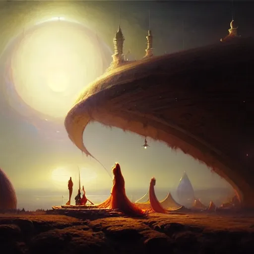 Image similar to giant crescent under construction in a magic fluffy persian carpet dimension, by greg rutkowski and gaston bussiere, dim lighting, beautiful volumetric - lighting - style atmosphere, surreal atmosphere, intricate, detailed, photorealistic imagery, trending artstation