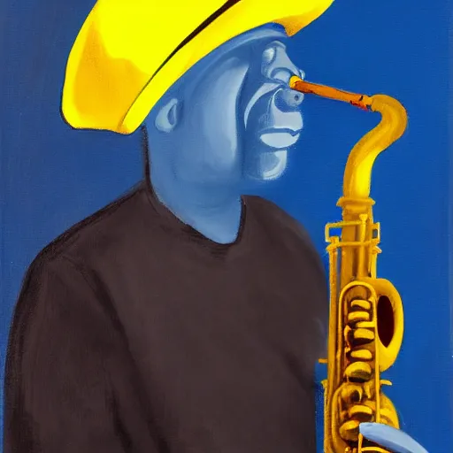 Image similar to man in a yellow costume, yellow hat, holding a saxophone, smoking a cigarette, blue skin, blue smoke, black background, sitting, painting, artwork, meditative