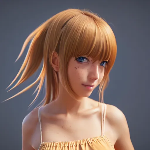 Prompt: Render of a very beautiful 3d anime girl, long hair, hazel eyes, cute freckles, full round face, short smile, cute sundress, golden hour, space setting, medium shot, mid-shot, highly detailed, trending on Artstation, Unreal Engine 4k